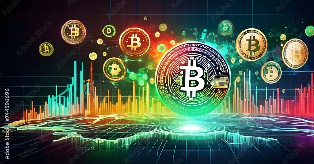 Poster a mesmerizing art display of bitcoins floating in a circle, illuminated by visual effect lighting on