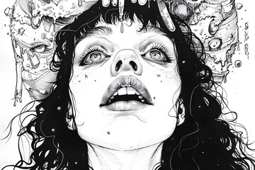 Funny Girl. Black and White Ink Illustration