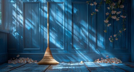 The winter light streamed through the window, casting shadows on the broom as it swept across the creaking wooden floor