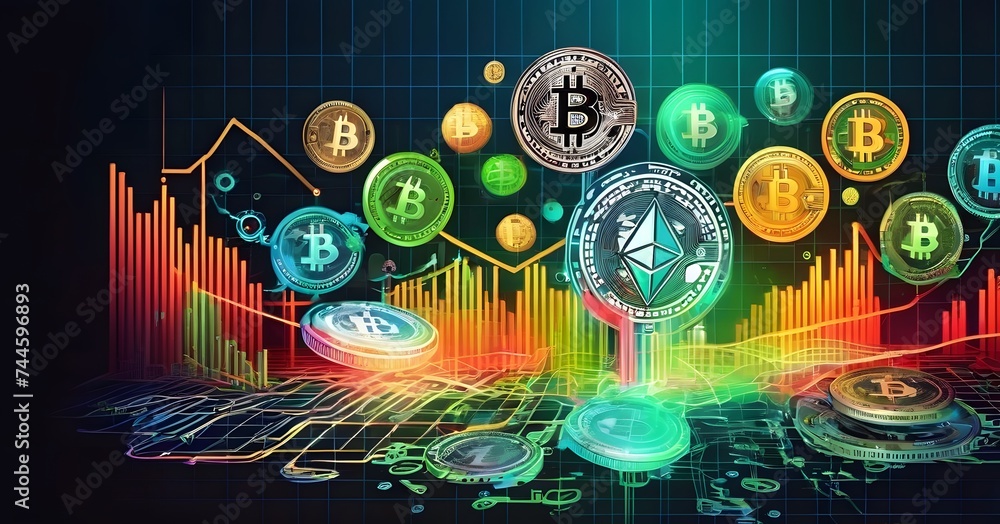 Poster a collection of bitcoins are displayed floating in the air on a vibrant background, creating an arti