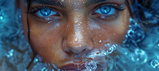 A mesmerizing portrait of a person's face, adorned with delicate eyelashes and sparkling eyes, reflecting in a bubble of water