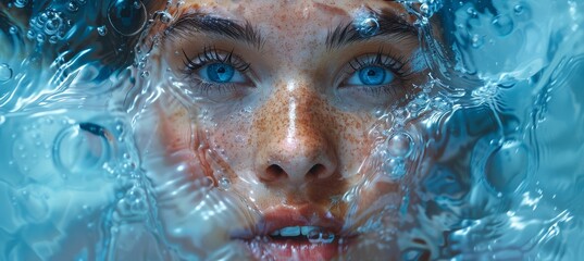 A mesmerizing portrait of a woman with freckles and blue eyes, her ethereal beauty mirrored in the tranquil waters as she swims, capturing the essence of a human face in its purest form