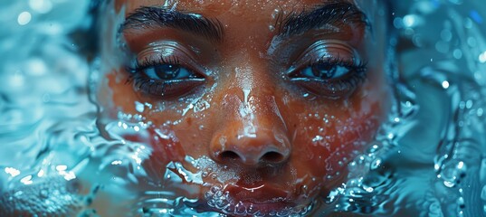 A serene human face emerges from the tranquil waters, its features reflecting a sense of calm and grace amidst the gentle ripples of a swimming pool