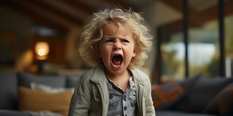 A young kid loudly expressing emotion in a household common area. Concept Child's Emotional Expression, Household Scene