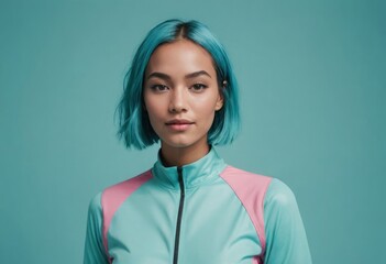 A trendy young woman with aquamarine-colored hair poses in a modern sportswear jacket, her serene expression suggesting tranquility and style.