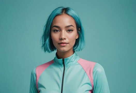 A trendy young woman with aquamarine-colored hair poses in a modern sportswear jacket, her serene expression suggesting tranquility and style.