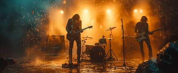 Amidst the pouring rain, a lone guitarist strums his instrument on a dimly lit stage, captivating...