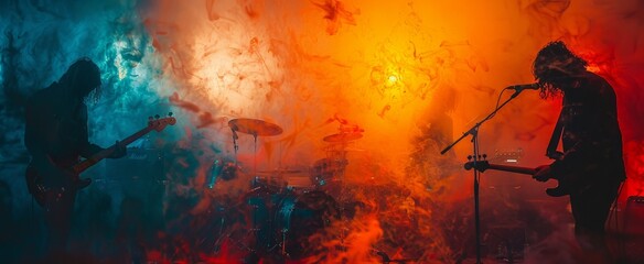 The fiery notes of a concert engulfed in smoke, the drum set a powerful symbol of passion and energy in the midst of chaos - obrazy, fototapety, plakaty