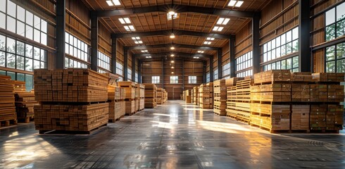 An indoor haven of towering timber, the warehouse boasts a towering ceiling and expansive inventory, its floor a maze of organized chaos - obrazy, fototapety, plakaty