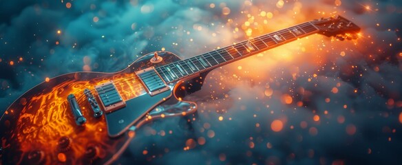 A mesmerizing display of passion and artistry as a guitar ignites with fiery sparks amidst a cloud...