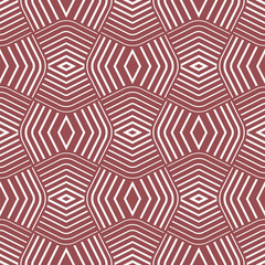 Interlocking concentric geometric shapes. Optical striped design with thin white lines on a red background. Modern ethnic style. Seamless repeating pattern.