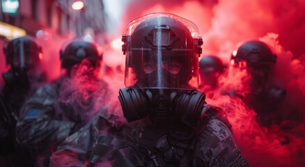 A masked group engages in violent action while wearing helmets in an outdoor setting, creating a tense and intense atmosphere