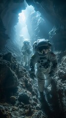 Space suited archaeologists uncovering artifacts in the underwater caves of a moon
