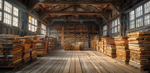 Inside a towering warehouse, rows of wooden shelves stretch towards the ceiling, showcasing an organized inventory of building materials ready to be crafted into beautiful structures