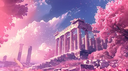 Ancient Ruins in Pink and Purple Hues Wallpaper Background