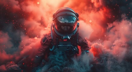 Astronaut clad in a pressurized suit gazes through the thick smoke, reminiscent of a fearless firefighter amidst the unknown depths of space