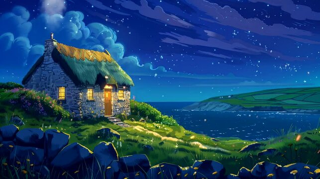 A quaint Irish thatched cottage nestled in the green countryside, views of rolling hills at night. Fantasy landscape anime or cartoon style, seamless looping 4k time-lapse video animation background