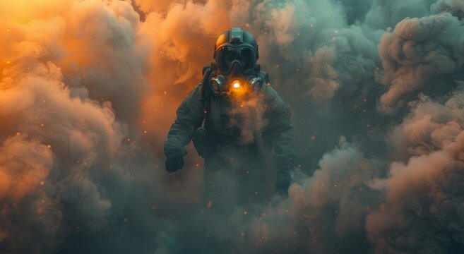 Amidst a cloud of smoke, a brave firefighter emerges from the outdoor explosion, captured in a screenshot, their gas mask a symbol of resilience against the billowing clouds of fire