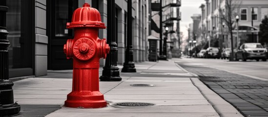 City sidewalk with a red fire hydrant. - obrazy, fototapety, plakaty