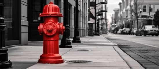 Poster City sidewalk with a red fire hydrant. © Sona