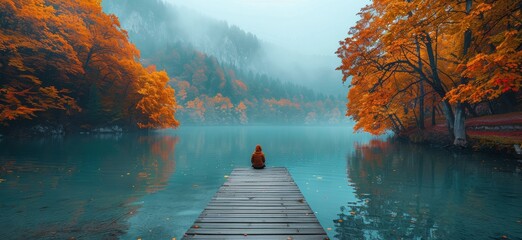 Amidst the serene autumn landscape, a solitary figure sits on the dock, surrounded by the ethereal mist and tranquil waters of the lake, lost in contemplation and the beauty of nature - obrazy, fototapety, plakaty