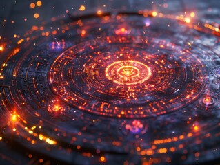 Ancient oracle amidst digital runes blockchain symbols glowing mystical aura high contrast - obrazy, fototapety, plakaty
