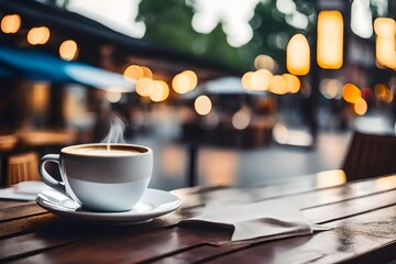 cup of coffee on a table - obrazy, fototapety, plakaty
