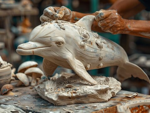 Artisan hands sculpting a clay dolphin beside a serene seaside - Powered by Adobe