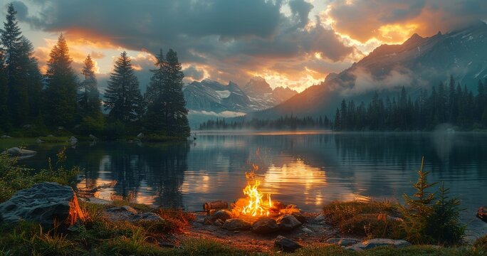 A mesmerizing sunset over the tranquil lake, as the fiery reflection dances on the water's surface, framed by the lush forest and towering mountains, while the heat of the burning sky ignites the clo
