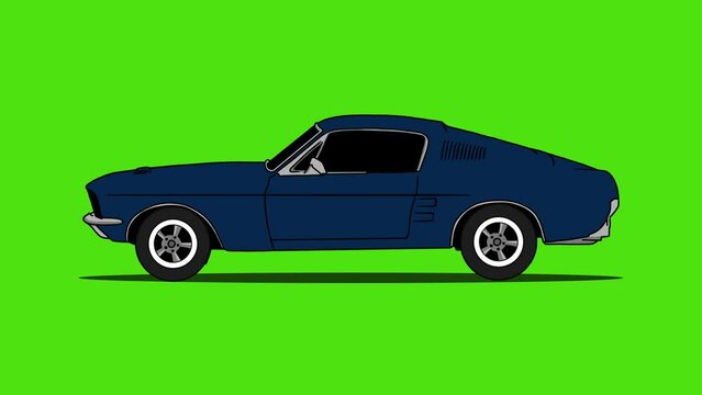 Animation of blue classic car drove forward. side view with green screen background