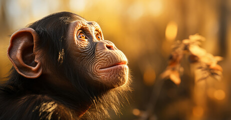 Chimpanzee monkey portrait at sunset, close-up. Banner with space for text - Powered by Adobe