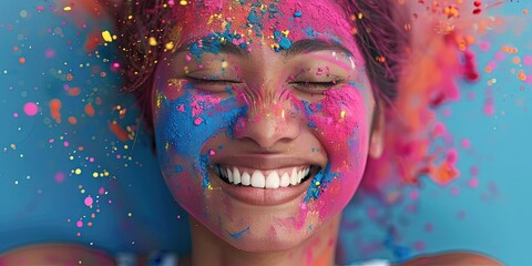 Happy Young Indian woman with colorful Holi powder smiling surrounded by paint particles - obrazy, fototapety, plakaty