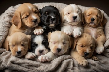 A chaotic cuddle puddle of fluffy puppies of different breeds, napping peacefully on a soft blanket