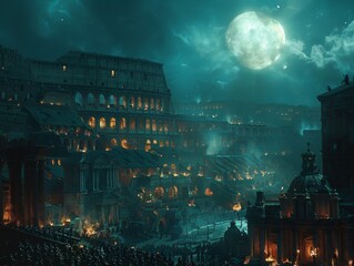 A clandestine meeting of ancient mafia leaders in a Roman coliseum under moonlight