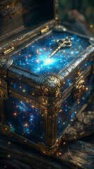 A celestial chest on an astral field unlocking secrets of the universe with a key made of stars