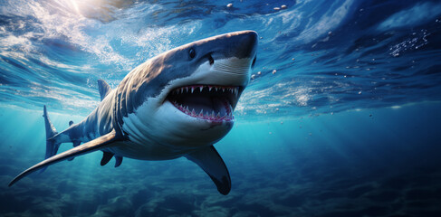 Fototapeta premium Great White Shark swimming in deep blue ocean