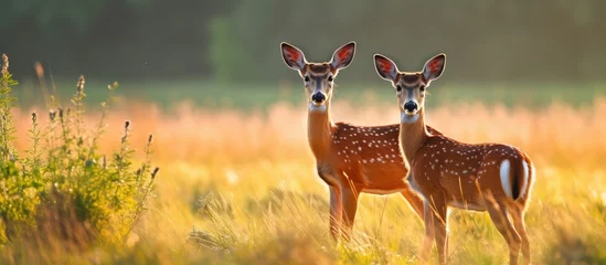 Foto op Canvas A pair of roe deer standing together in a sunny summer field. © Sona