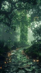 AI interface projecting holograms of ancient trees in a dark enchanted forest
