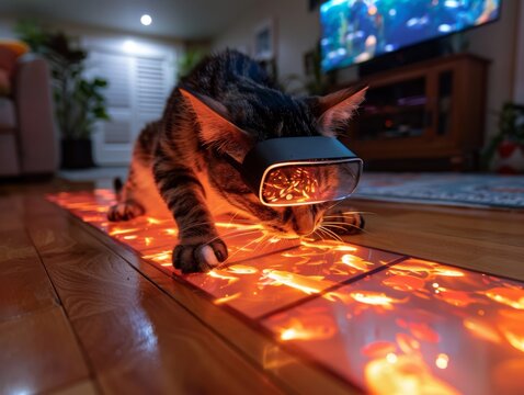A cat immersed in a VR fish chase pawing at virtual aquariums on the living room floor