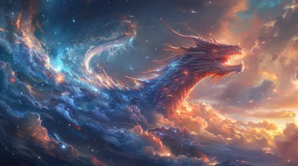 Schilderijen op glas A majestic dragon soaring through a star filled galaxy guiding celestial bodies © AlexCaelus