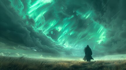 A lone wizard casting spells under the vast prairie sky with auroras above