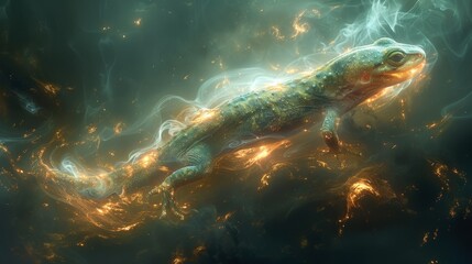 Fototapeta na wymiar A glowing salamander weaving through an ethereal realm of floating islands and mist