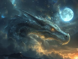 A dragon wrapped around a moon gazing upon an ethereal cosmic journey - obrazy, fototapety, plakaty