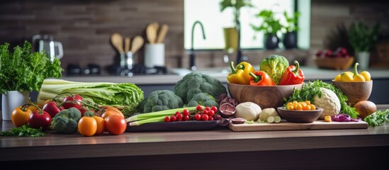 Kitchen with a nutritious selection of fresh, organic produce, including vegetables, fruit, and protein, promoting a healthy diet for overall wellness.