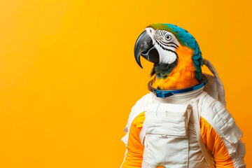 Macaw parrot astronaut in a spacesuit on a yellow background, free space for text