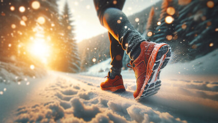 Winter running in snowy landscape, close-up of red running shoes and leggings, fitness endurance in cold season concept - Powered by Adobe
