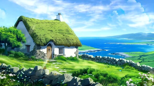 A quaint Irish thatched cottage nestled in the green countryside, with views of rolling hills. Fantasy landscape anime or cartoon style, seamless looping 4k time-lapse video animation background
