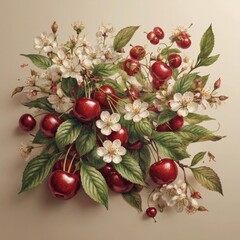 An exquisite cherry-themed seamless pattern set against a white background. Featuring vibrant red ripe berries, delicate flowers, and lush green leaves. This vintage botanical digital illustration is 
