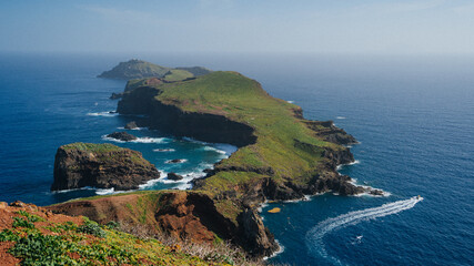 Lighthouse of the Ponta de São Lourenço (tip of St Lawrence) on a desertic islet at the...