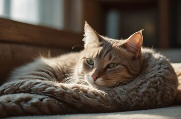 Restful Repose: A Domesticated Cat’s Lazy Afternoon on a Patterned Blanket, generative AI